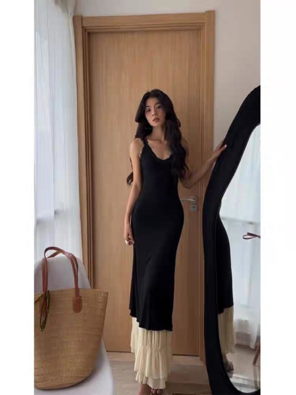 Black Sleeveless Maxi Dress with Cream Tiered Hem